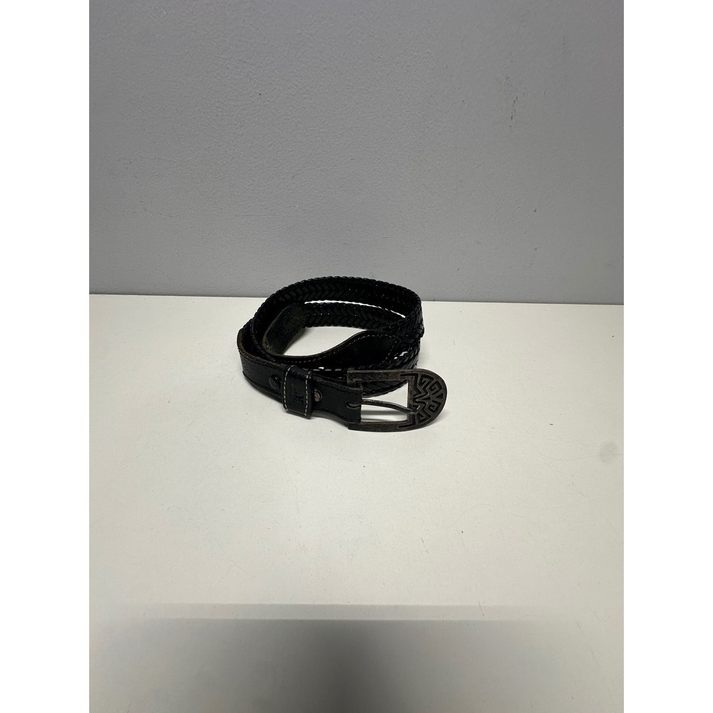 Taxco Vintage Black Braided Leather Western Belt Silver Geometric Etched Buckle